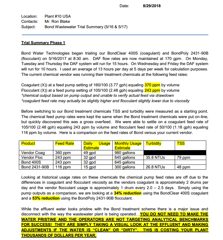 Bond Water Trial Summary